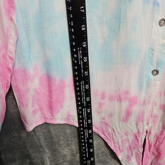 Tribal Jeans Women's P/S Long Sleeve Button Down Shirt tie dye blue pink blouse - Picture 6 of 11